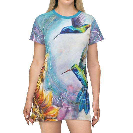 All Over Print T-Shirt Dress - Humming birds
